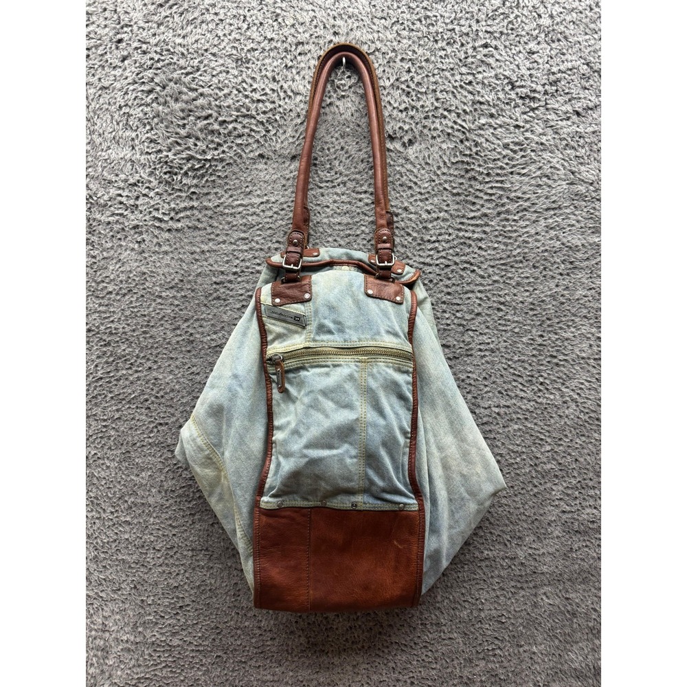 Vintage Y2k Diesel Divina Denim Leather Trim Shoulder Bag Light Wash Blue